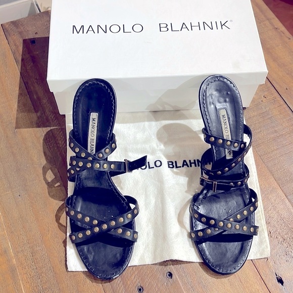 𝅺MANOLO Blahnik 39.5 strappy studded laceup heels sandals stilettos slides - Picture 1 of 6